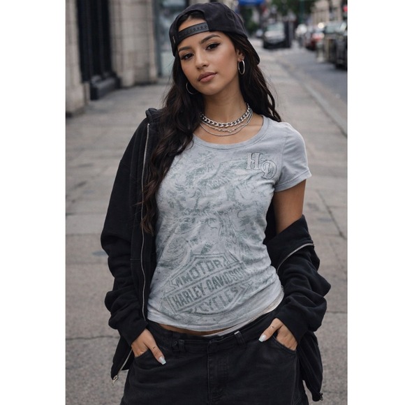 Harley-Davidson Tops - Harley Davidson Women XS Blue Rhinestone Eagle Graphic TShirt USA Streetwear Y2K